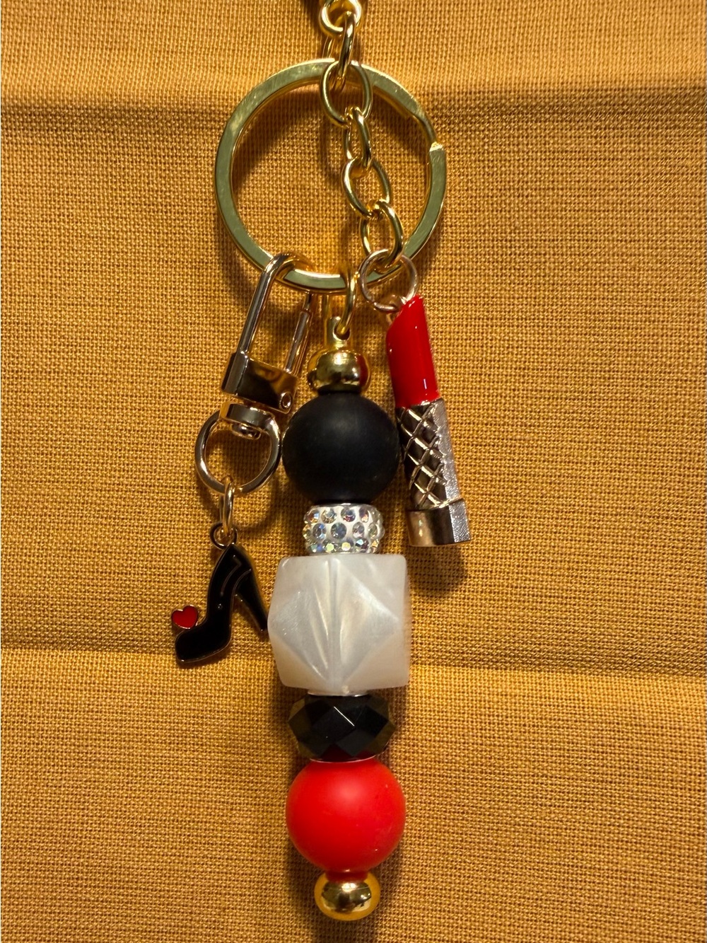 Women's Red & Black Beaded Lipstick Charm Keychain - Fashion Accessory